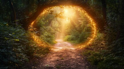 A captivating forest trail leads to a mystical, glowing portal, promising an otherworldly journey in the heart of the woods. - obrazy, fototapety, plakaty