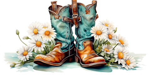 turquoise cowboy boots with a Shasta daisy floral bouquet in a side view PNG, in a Country decor-themed, isolated, and transparent watercolor illustration.  Generative ai