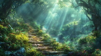 Sunbeams pierce the canopy, illuminating an ancient stone stairway in a lush, mystical forest filled with flowering plants.