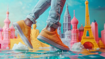 Dynamic perspective of a traveler sneakers on a vibrant, colorful street with collage images of important landmarks - obrazy, fototapety, plakaty