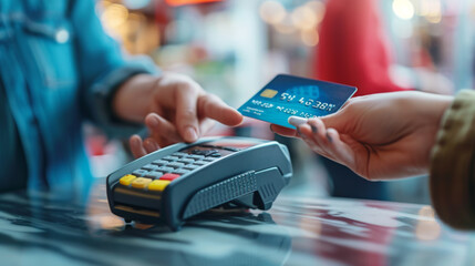 a person's hand holding a credit card and using it to complete a payment on a card terminal, depicting a financial transaction in a retail setting