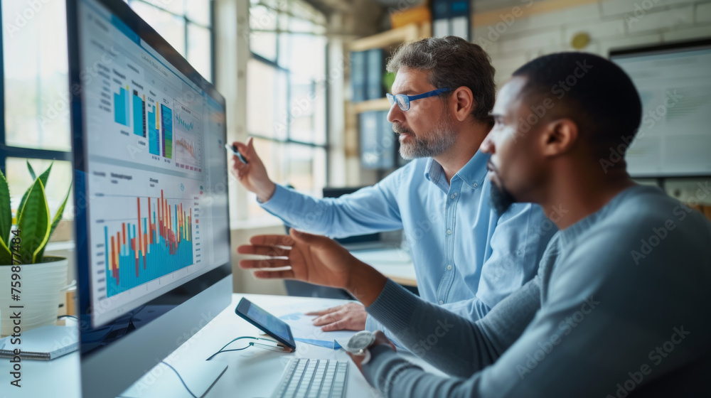 Poster two professionals are engaged in a discussion over a computer displaying colorful analytical graphs,