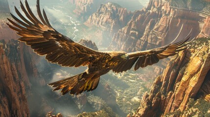 A powerful eagle spreads its wide wings, soaring with grace above a breathtaking canyon vista, embodying freedom and strength.