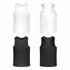 Male Sport White Black Tank Top Mockup Front Back Views Realistic Set Isolated Vector Illustration