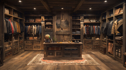 Elegant wooden walk-in closet with organized clothing and accessories, warm lighting, and luxurious interior design. - obrazy, fototapety, plakaty