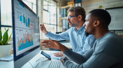 Two professionals are engaged in a discussion over a computer displaying colorful analytical graphs, suggesting a collaborative business meeting or data review session. - obrazy, fototapety, plakaty