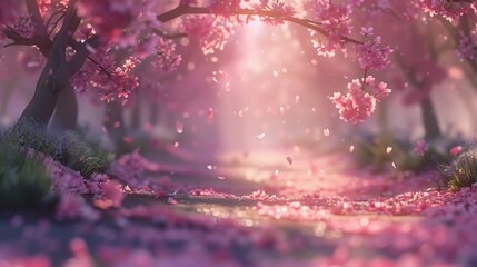 A magical moment captured at dawn, where a trail is blanketed in soft pink petals under the enchanting canopy of cherry blossoms, with petals floating gently in the warm morning air.