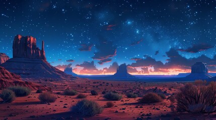 A breathtaking desert scene under a star-studded sky with majestic rock formations silhouetted against a vivid sunset horizon.