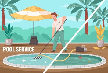 Pool Service Cartoon Composition With Man Cleaning Swimming Outdoor Pool With Vacuum Cleaner Vector - obrazy, fototapety, plakaty