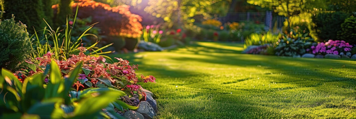 Wide banner with freshly cut lawn. Garden design ideas, lawn care, and fertilizers - obrazy, fototapety, plakaty