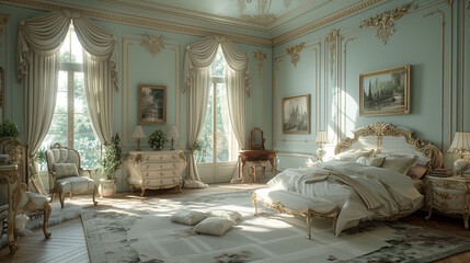 Elegant vintage bedroom with classic furniture, pastel colors, and natural light from large windows. - obrazy, fototapety, plakaty