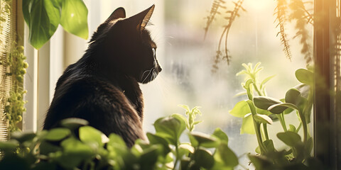 black cat sitting near glass window, indoor, house, window ledge - obrazy, fototapety, plakaty