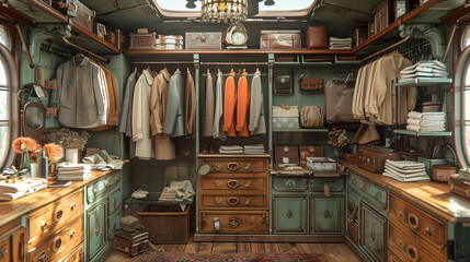 Vintage gentleman's wardrobe room with classic wooden furniture, elegant clothing, and antique decor. - obrazy, fototapety, plakaty