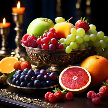 Various kinds of fruit on the royal table in elegant containers