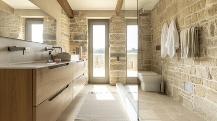 A modern bathroom in an old French farmhouse, with light oak furniture and pale stone tiles, along with large format floor tiles. A glass bathroom cabinet, natural lighting from above. A modern sink a