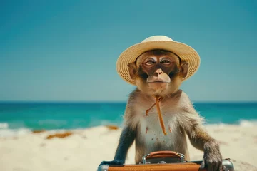 Foto op Plexiglas anti-reflex A monkey in a hat with a big suitcase on a sandy beach by the ocean. The concept of a summer vacation. © kvladimirv