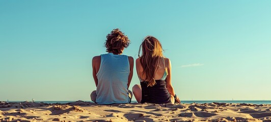 Young lovers sit on the sand on a sunny day and watch the blue sky. generative ai