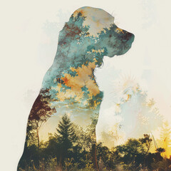 Double Exposure of Brittany Spaniel Silhouette and Park Watercolor Art Gen AI