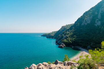 Olympos beach. Aerial view of Olympos beach on a sunny day. One of the most beautiful beaches in...