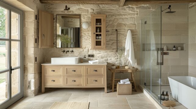 A modern bathroom in an old French farmhouse, with light oak furniture and pale stone tiles, along with large format floor tiles. A glass bathroom cabinet, natural lighting from above. A modern sink a - Powered by Adobe