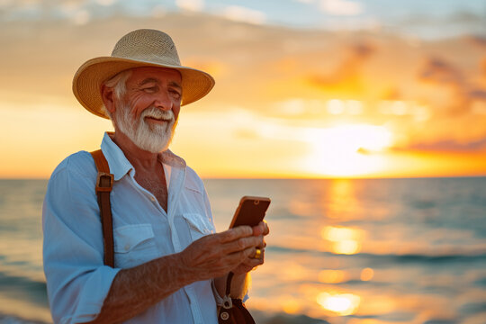 A joyful senior man in a straw hat, engaging with his smartphone, stands by the sea as the setting sun. Outdoor recreation and travel. Interests and hobbies
