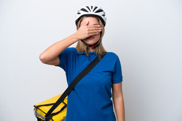 Young caucasian woman with thermal backpack isolated on white background covering eyes by hands. Do not want to see something