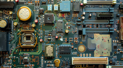 AI powered electronic circuits board. Circuit board with moving electrons and central processing unit CPU. Data flow on a motherboard. Ai generated image