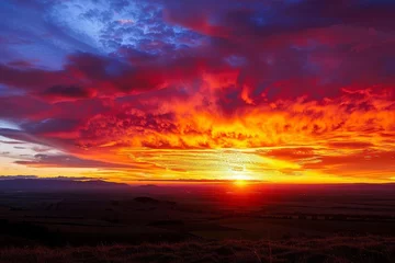 Schilderijen op glas Breathtaking sunset panorama The horizon ablaze with vibrant colors and the silhouette of a tranquil landscape © Lucija