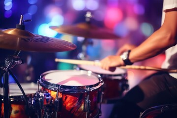 Male hands play drums. Close-up view. Fiery precision, energetic beats - drumming in action. Dynamic drumming, maximum energy - skilled hands at work.