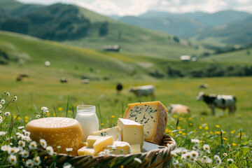 Various types of artisanal cheese and bottle of milk are in wicker basket amidst lush Alpine meadow, grazing cows in distance. Dairy organic food. Healthy eating