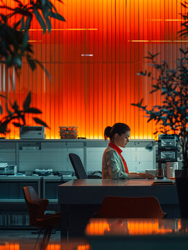 In this image, a female professional is pictured working late in a contemporary office space bathed in dramatic red lighting