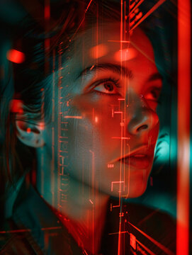 A highly detailed close-up showcasing the complexity and depth of red-lit digital circuitry, encapsulating modern technology