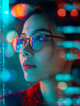 Dynamic image of a tech environment with a central blurred face amidst glowing digital lights and circuits, suggestive of innovation and modernity