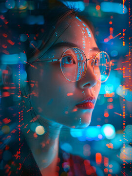 A mesmerizing image featuring a person in a server room lit by neon lights with a face blurred suggesting digital transformation