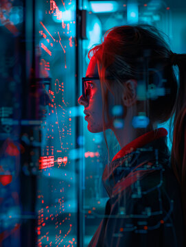 The image portrays a faceless person amid a data center filled with vibrant lights, representing anonymity in the digital age
