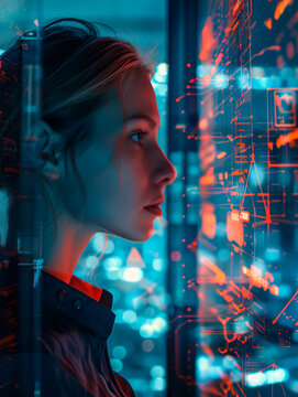 Close-up of a female tech professional analyzing a complex futuristic holographic data interface display