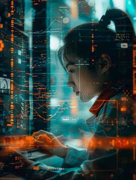 An engaged person busily interacts with state-of-the-art technology at a hi-tech workstation
