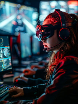 An avid gamer wearing headphones is deeply engrossed in an immersive gaming experience at her station