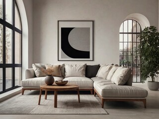 Home interior design of modern living room with Curved sofa against arched window near white living wall with painting art poster frame with white Background