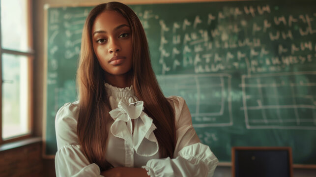 A smiling woman in a ruffled white blouse stands confidently in front of a classroom blackboard.