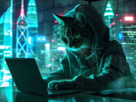 A mysterious cat in hacker attire, working on a laptop with futuristic cityscape holograms floating around