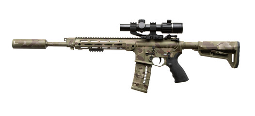 A modern carbine with an optical sight and a silencer. Weapons in camouflage coloring. Isolated on...