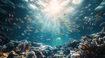 Sunlit underwater scene with vibrant fish shoal in the ocean depths