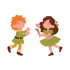 Cute little girl and boy in green dress, vector illustration.children in the spring