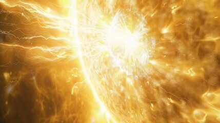 A powerful flare on the sun surface. Plasma release. Electromagnetic attack. Intense solar flare illuminates the sky. - obrazy, fototapety, plakaty