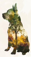 Bull Terrier Silhouette Double Exposure with Park and Watercolor Art Gen AI