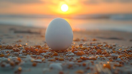 Clean white egg on the beach at sunset AI Image Generative - Powered by Adobe
