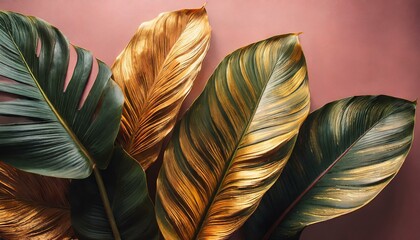 Close up Tropical leaves gold orange and Black with the pink background, feather on the ground