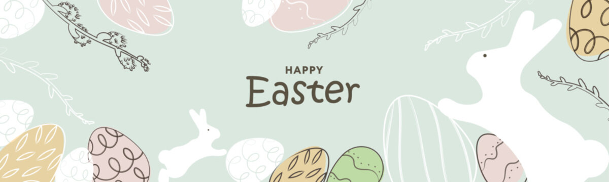 Happy Easter banner. Trendy Easter design with typography, eggs and bunny in pastel colors. Modern minimal style. Horizontal poster, greeting card, header for website