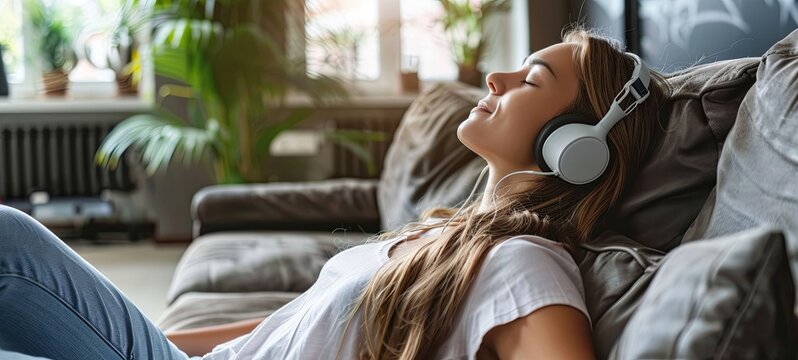 Relaxed young woman listening to music on headphones. generative ai